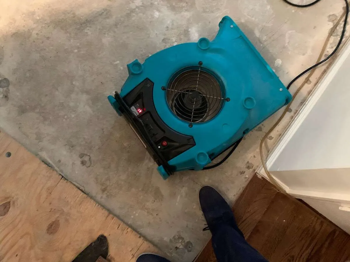 Air mover drying subfloor during Commercial Water Damage Restoration in Lansing